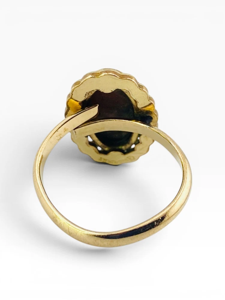 Hand carved mother of pearl cameo ring in 12K gold filled Victorian Revival setting