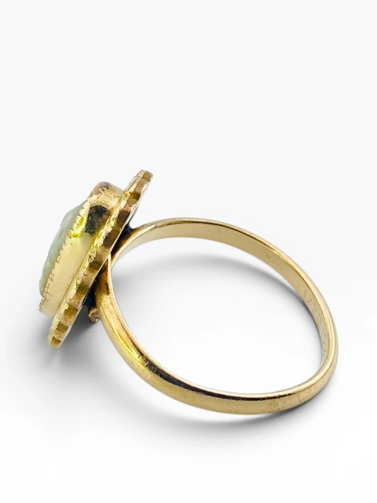 Hand carved mother of pearl cameo ring in 12K gold filled Victorian Revival setting