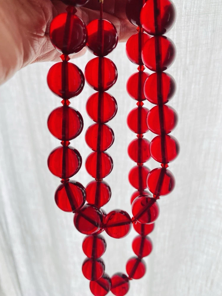 Vintage Cherry Amber Lucite Bead Necklace 30 Inch Statement Strand