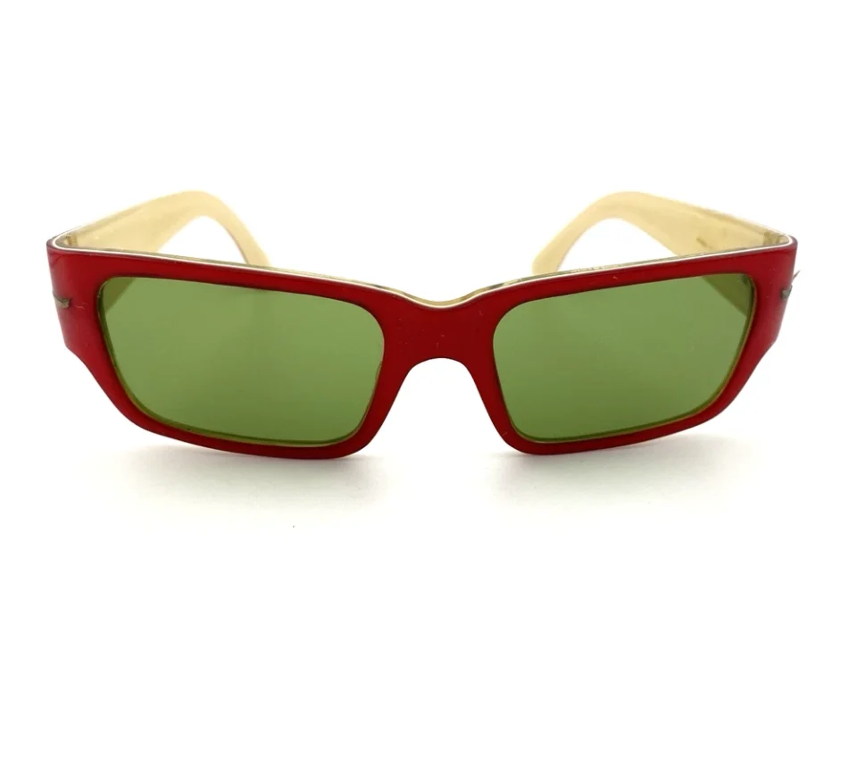 Vintage Italian Sunglasses Red Beige Rectangular Green Lens 80s