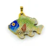 Vintage cloisonné enamel fish pendant in gold tone metal with blue green aqua white and red enamel