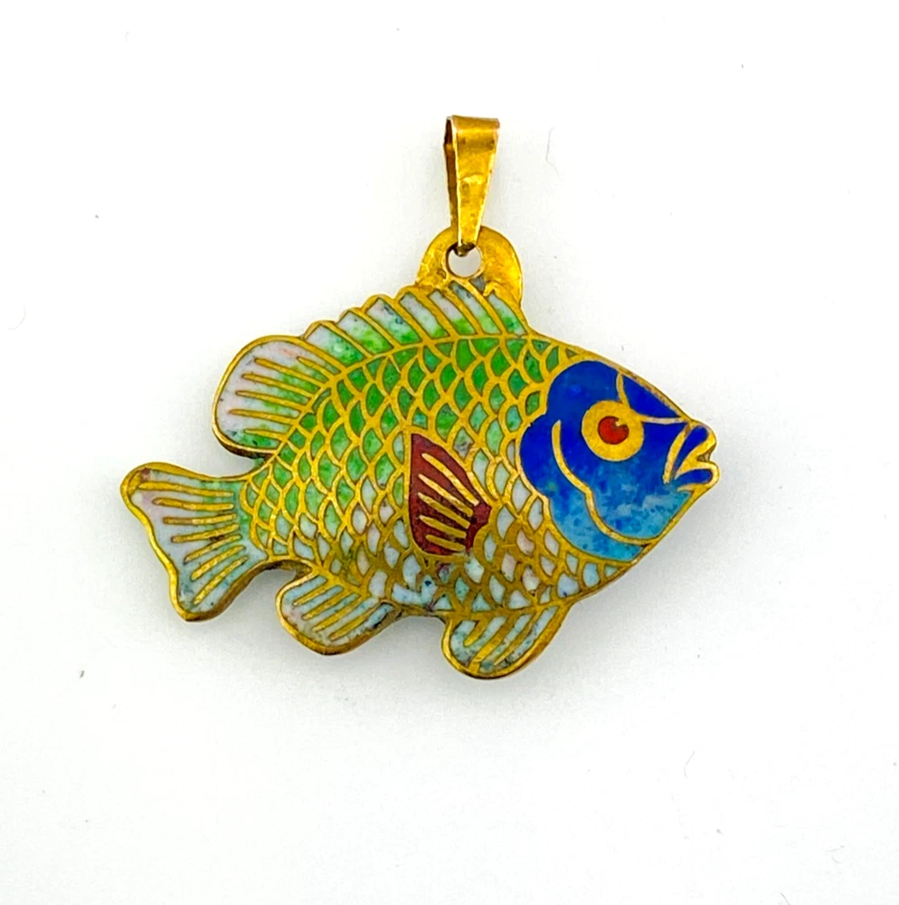 Vintage cloisonné enamel fish pendant in gold tone metal with blue green aqua white and red enamel