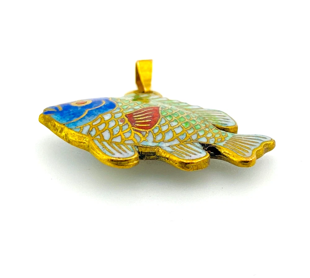 Vintage cloisonné enamel fish pendant in gold tone metal with blue green aqua white and red enamel