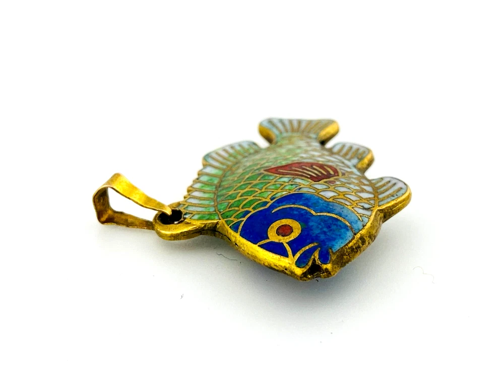 Vintage cloisonné enamel fish pendant in gold tone metal with blue green aqua white and red enamel