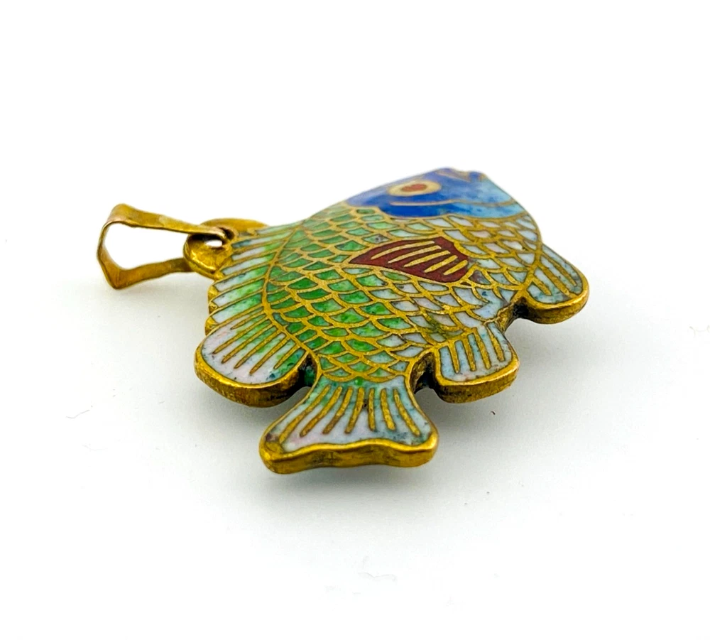 Vintage cloisonné enamel fish pendant in gold tone metal with blue green aqua white and red enamel