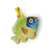 Vintage cloisonné enamel fish pendant in gold tone metal with blue green aqua white and red enamel