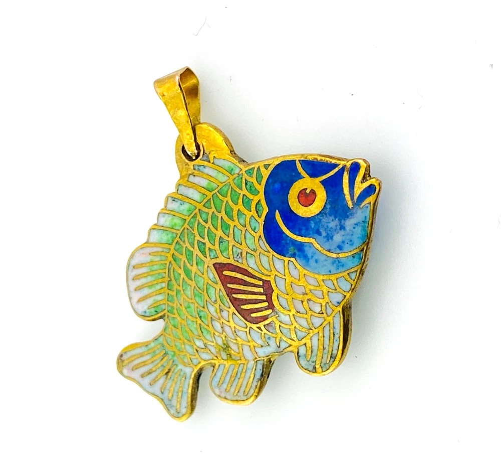 Vintage cloisonné enamel fish pendant in gold tone metal with blue green aqua white and red enamel