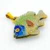 Vintage cloisonné enamel fish pendant in gold tone metal with blue green aqua white and red enamel