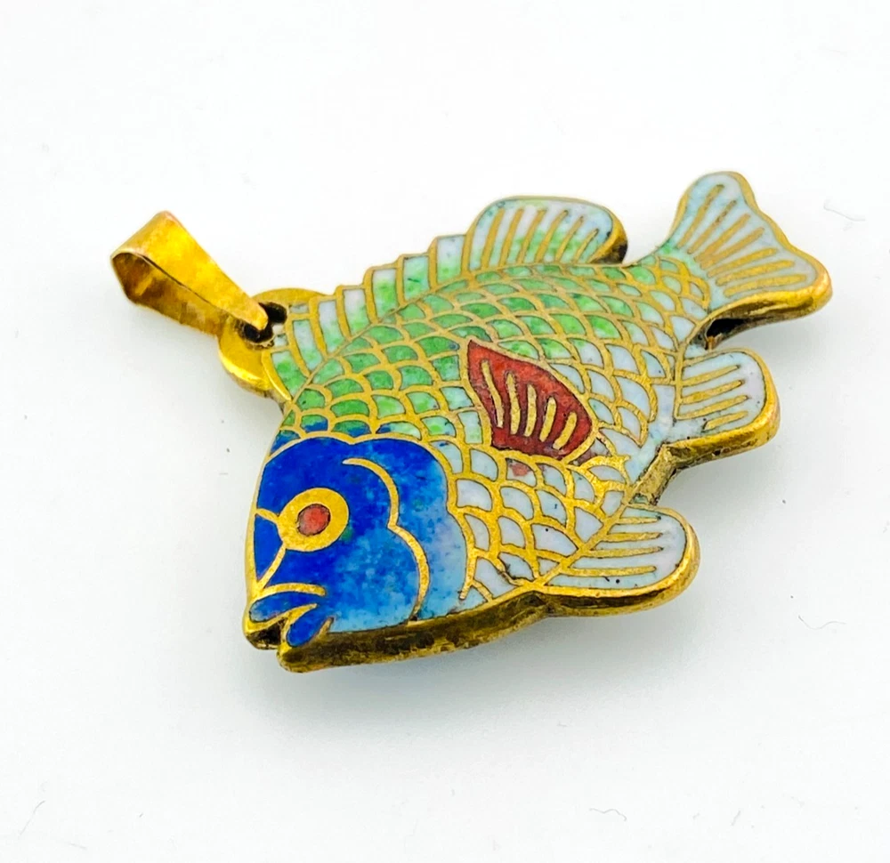 Vintage cloisonné enamel fish pendant in gold tone metal with blue green aqua white and red enamel