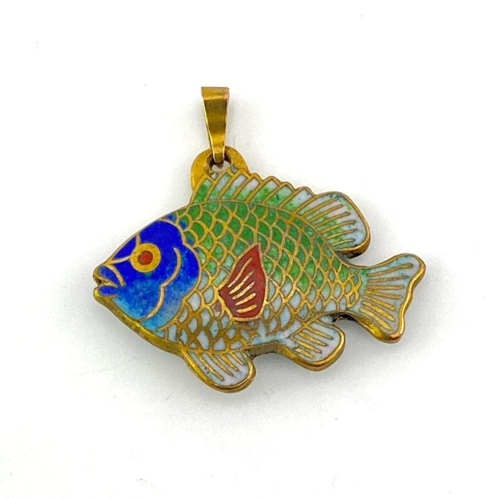 Vintage cloisonné enamel fish pendant in gold tone metal with blue green aqua white and red enamel