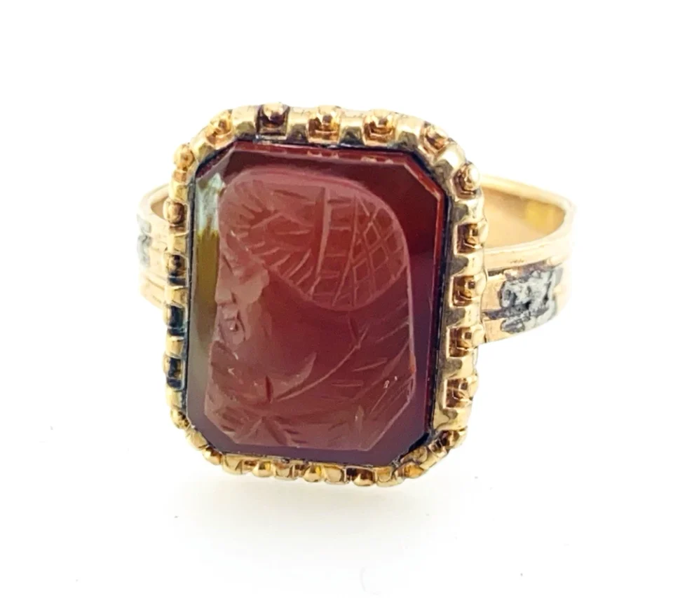Victorian Yellow Gold Filled Carved Carnelian Cameo Ring Size 9.5 Unisex