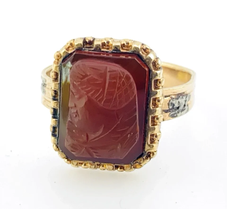 Victorian gold filled ring with carved carnelian cameo depicting a classical warrior profile