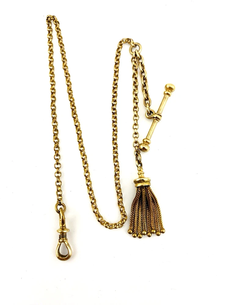 Full view of antique Victorian gold filled Albert watch chain with tassel