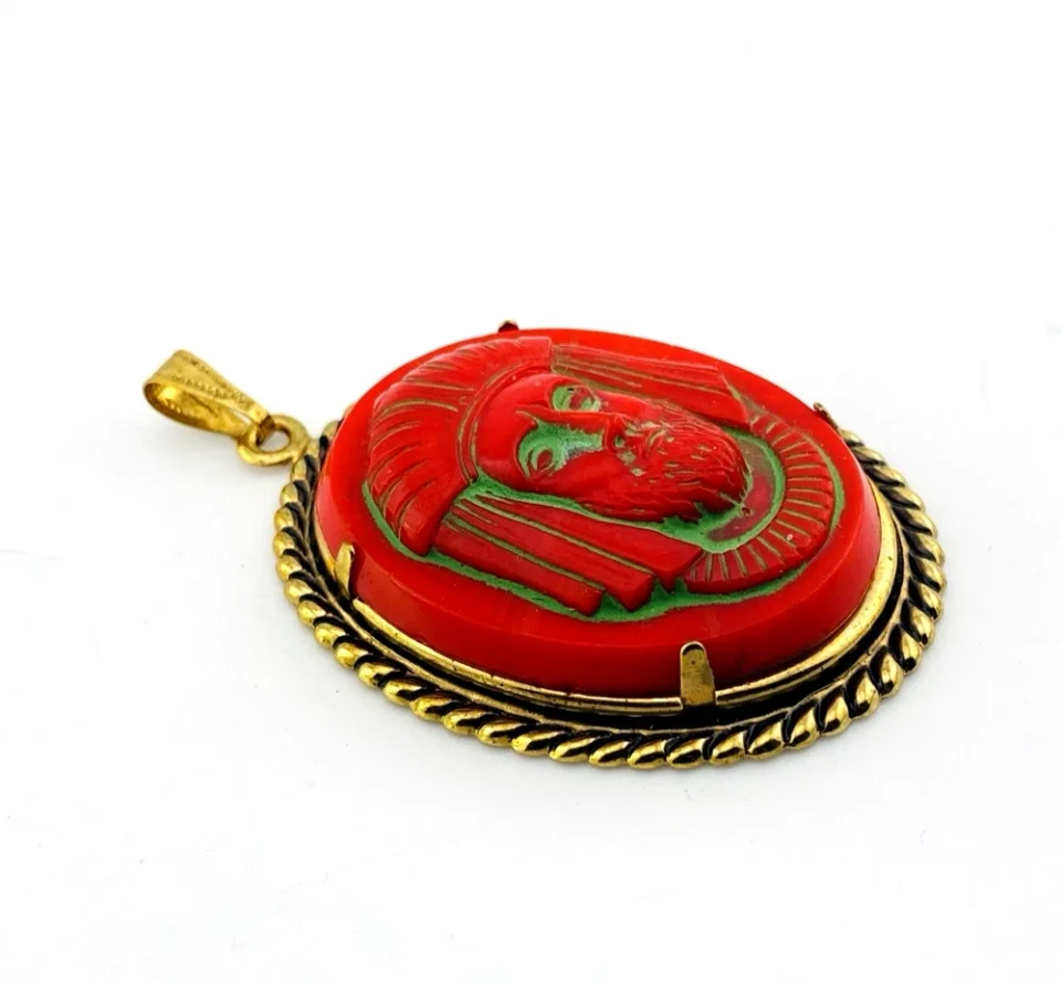 Large vintage Czech red glass pharaoh cameo pendant in gold plated Egyptian Revival setting