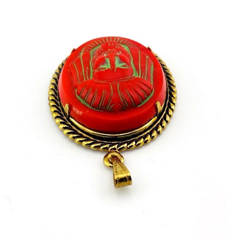 Large vintage Czech red glass pharaoh cameo pendant in gold plated Egyptian Revival setting