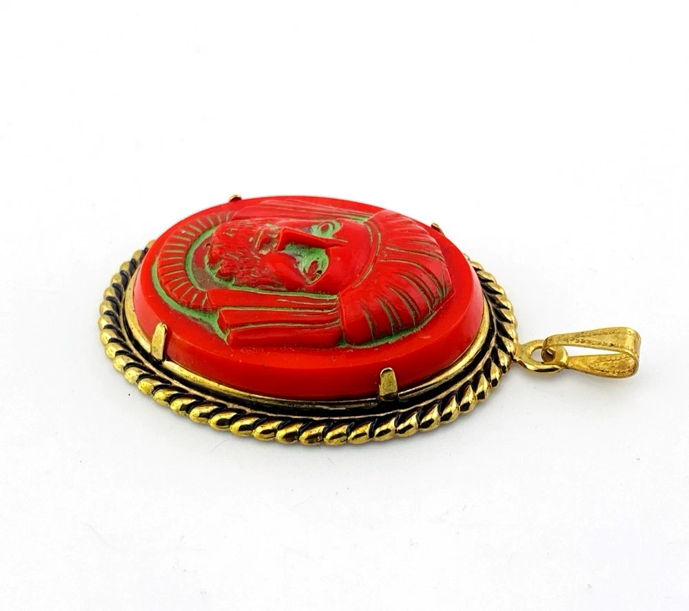 Large vintage Czech red glass pharaoh cameo pendant in gold plated Egyptian Revival setting