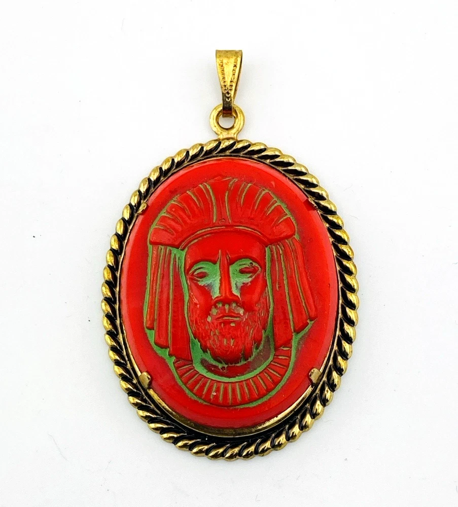 Vintage Gold Plated Red Czech Glass Pharaoh Cameo Pendant Egyptian Revival