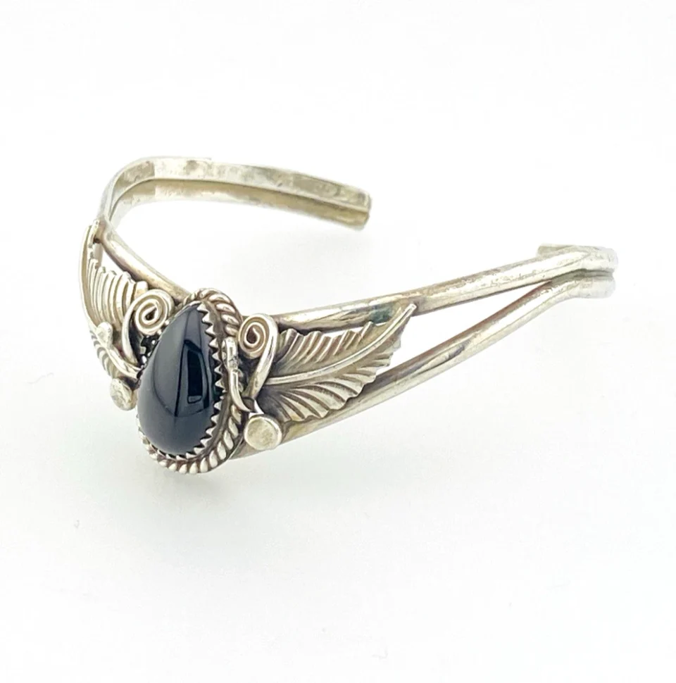 Native American Sterling Silver Feather Black Onyx Cuff Bracelet Signed J