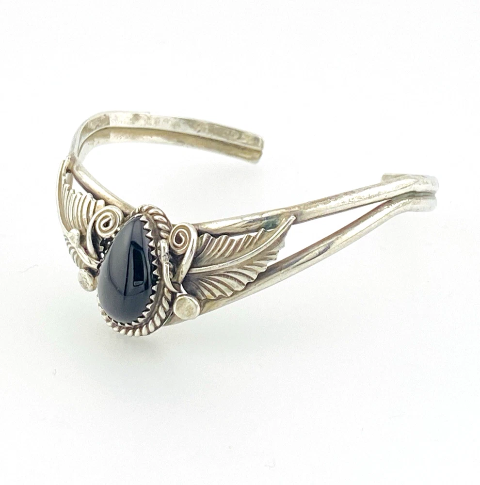 Native American Sterling Silver Feather Black Onyx Cuff Bracelet Signed J
