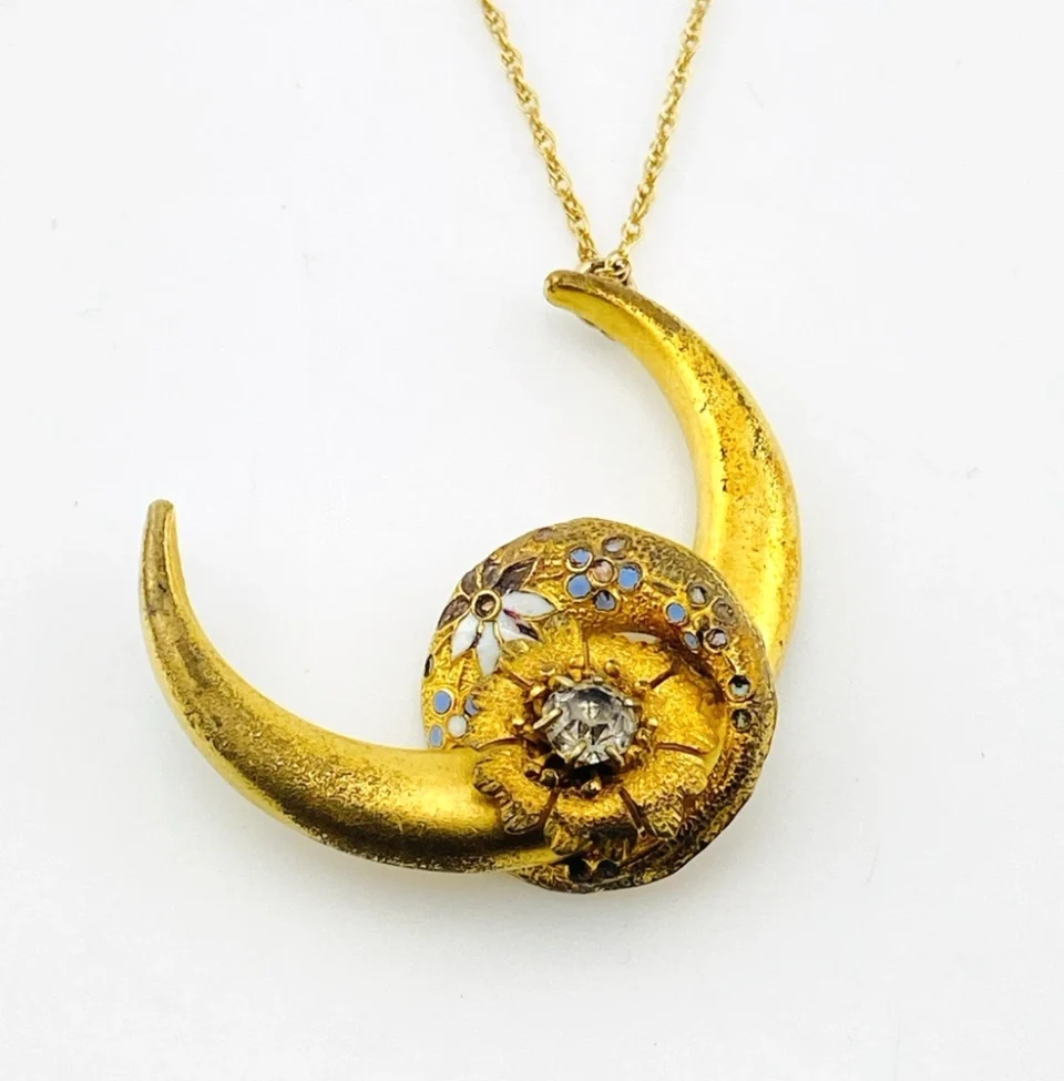 Antique Victorian Crescent Moon Brooch Pendant Glass Gold Filled Necklace
