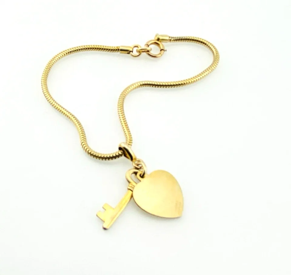 Vintage Gold Filled Heart Key Charm Snake Chain Bracelet Signed 6.75 Inch