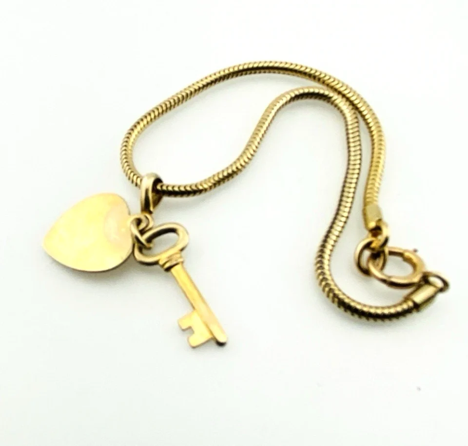Gold Filled Heart & Key Charm Snake Chain Bracelet
