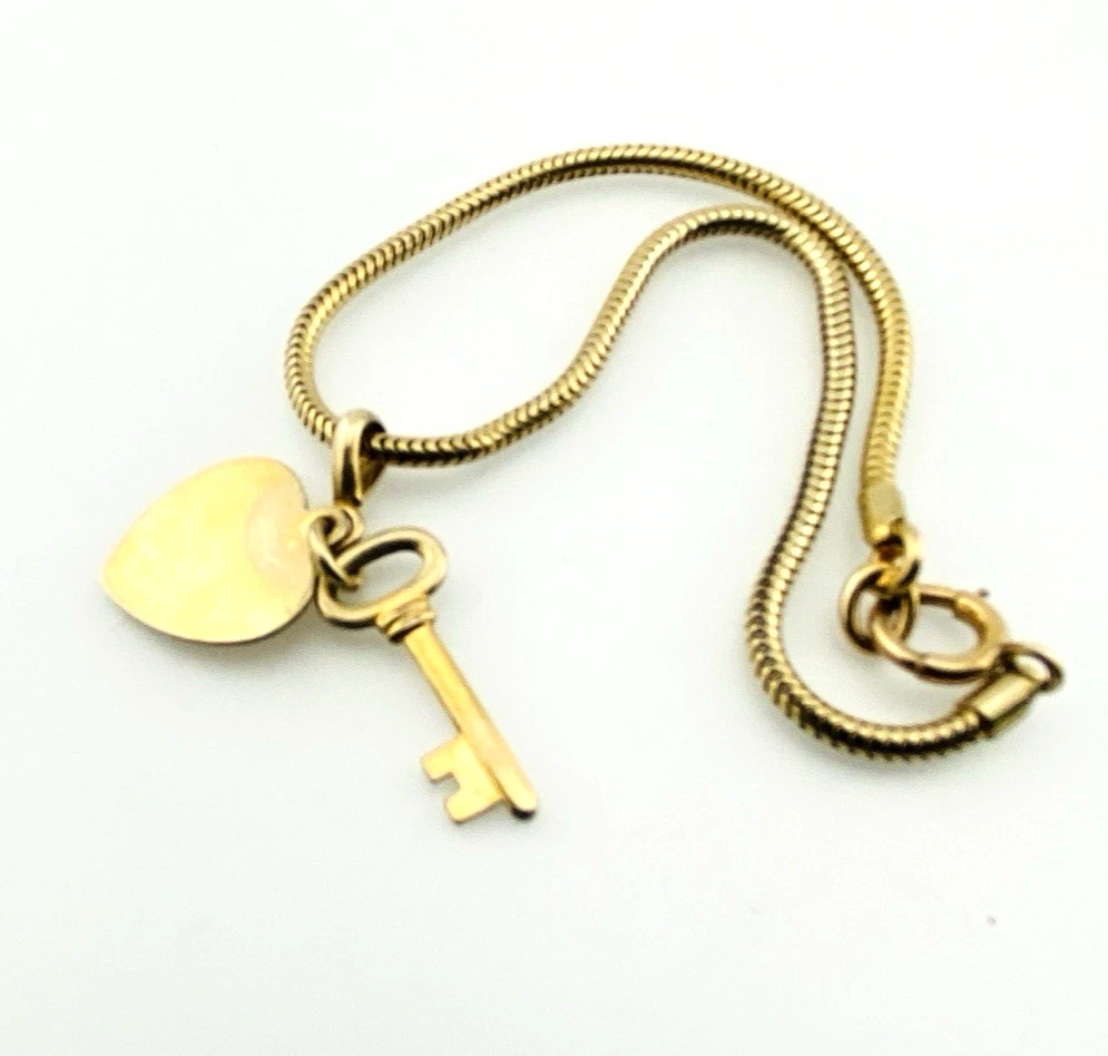 Gold Filled Heart & Key Charm Snake Chain Bracelet
