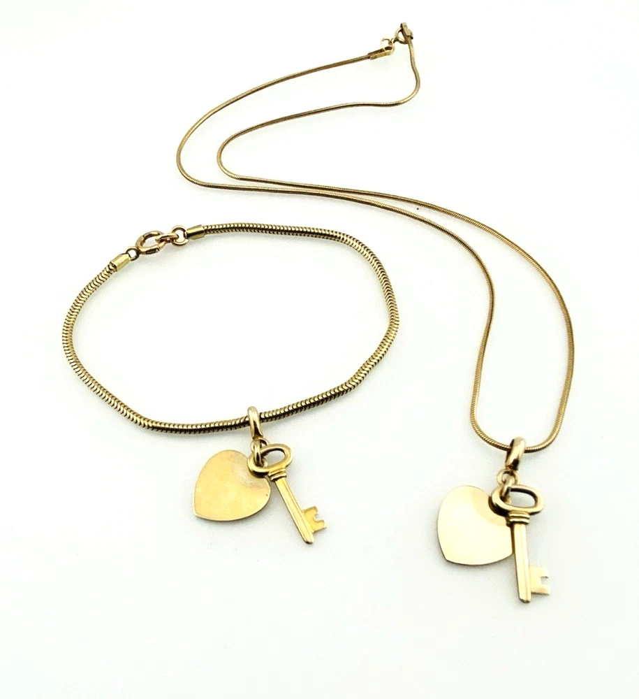 Gold Filled Heart & Key Charm Snake Chain Bracelet