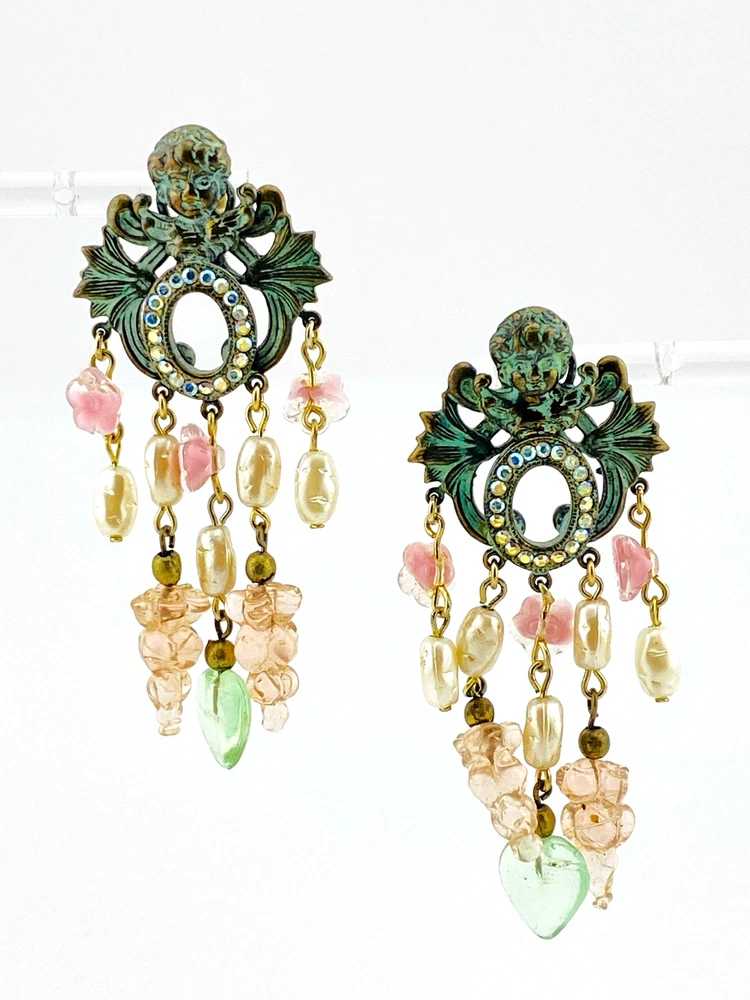 Baroque Cherub Chandelier Earrings AB Rhinestones Glass Hearts Faux Pearls