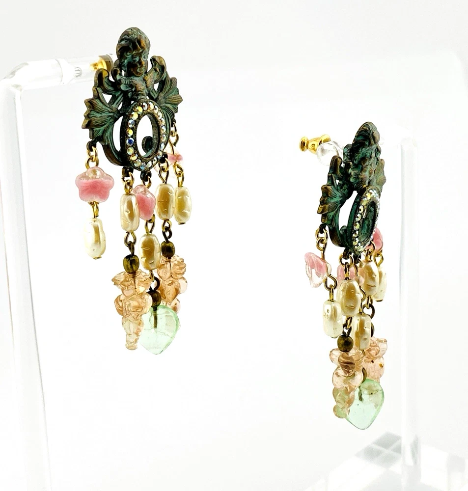 Baroque Cherub Chandelier Earrings with Glass Hearts and Pearls