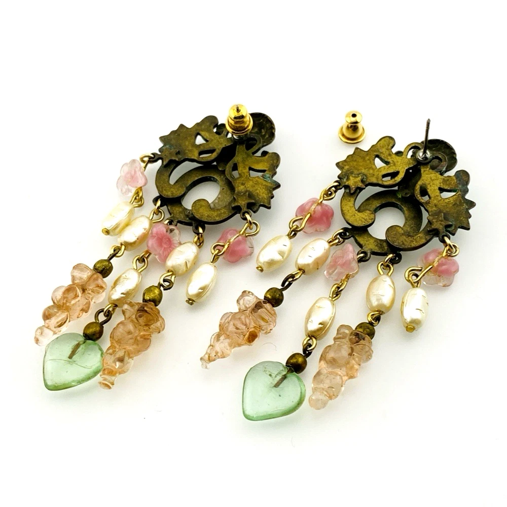 Baroque Cherub Chandelier Earrings with Glass Hearts and Pearls