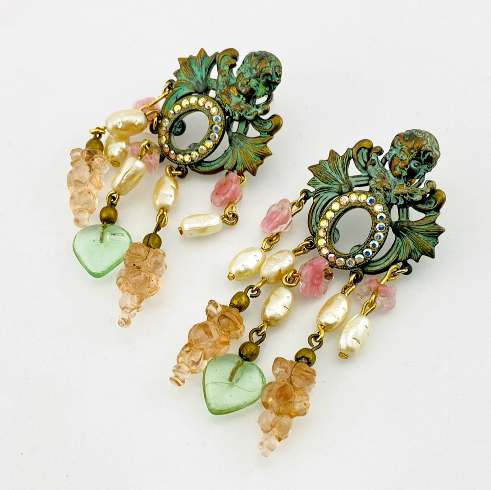 Baroque Cherub Chandelier Earrings with Glass Hearts and Pearls