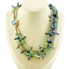 Five-strand necklace of green fluorite and iridescent peacock stick pearls with a square sterling silver clasp