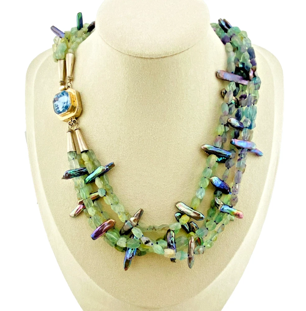 Five-strand necklace of green fluorite and iridescent peacock stick pearls with a square sterling silver clasp
