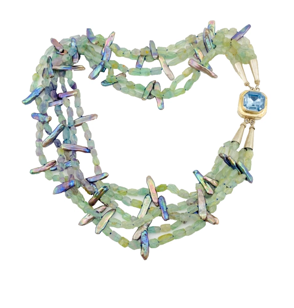 Five-strand necklace of green fluorite and iridescent peacock stick pearls with a square sterling silver clasp