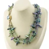 Five-strand necklace of green fluorite and iridescent peacock stick pearls with a square sterling silver clasp