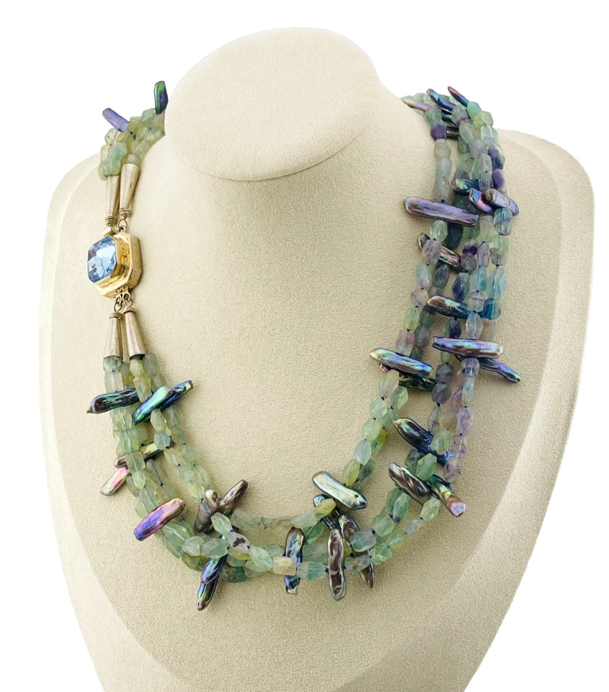 Five-strand necklace of green fluorite and iridescent peacock stick pearls with a square sterling silver clasp