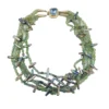 Five-strand necklace of green fluorite and iridescent peacock stick pearls with a square sterling silver clasp