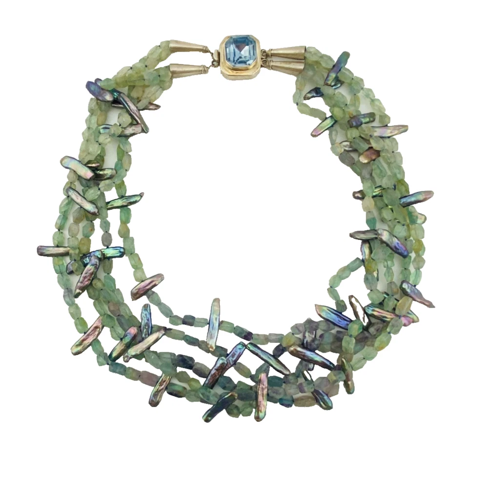 Five-strand necklace of green fluorite and iridescent peacock stick pearls with a square sterling silver clasp