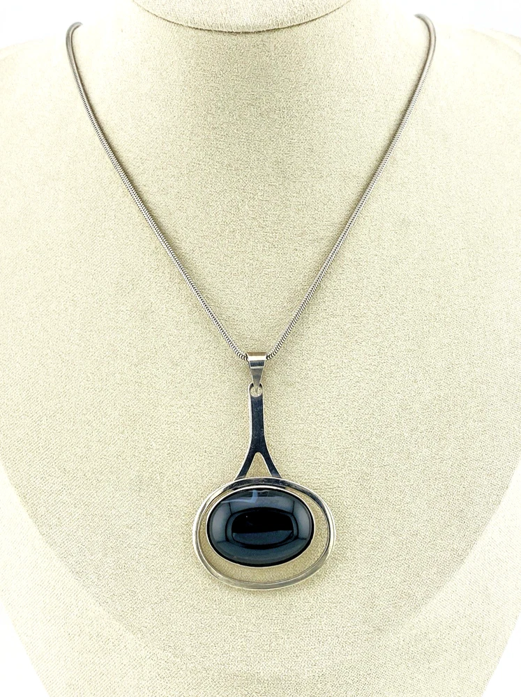 Vintage Modernist Sterling Silver Black Onyx Pendulum Pendant Necklace
