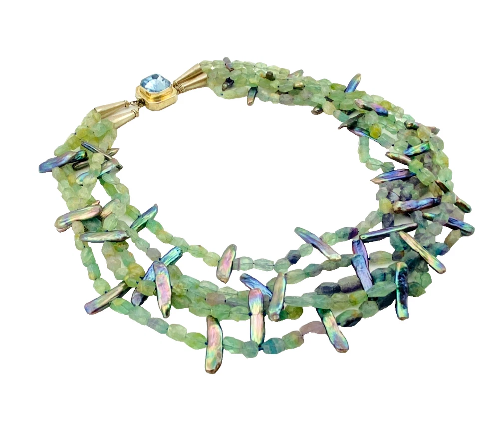 Five-strand necklace of green fluorite and iridescent peacock stick pearls with a square sterling silver clasp