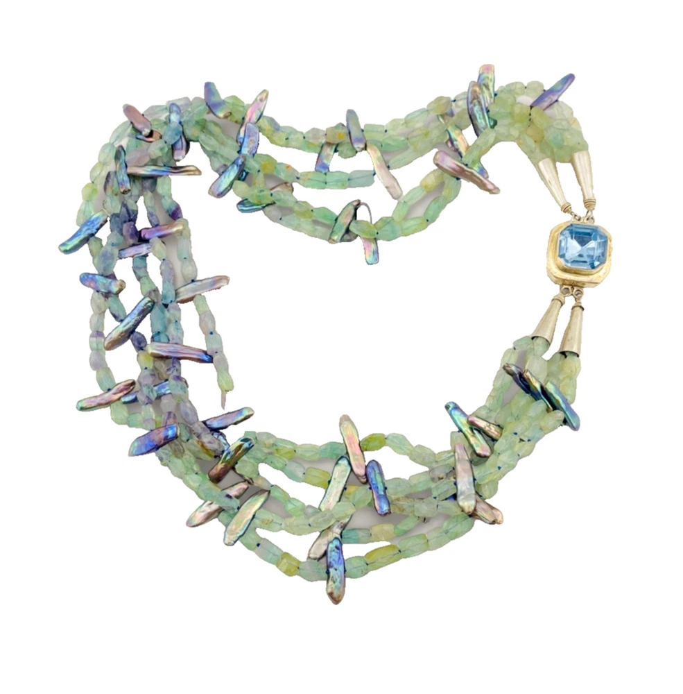 Five-strand necklace of green fluorite and iridescent peacock stick pearls with a square sterling silver clasp