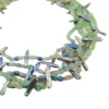 Five-strand necklace of green fluorite and iridescent peacock stick pearls with a square sterling silver clasp