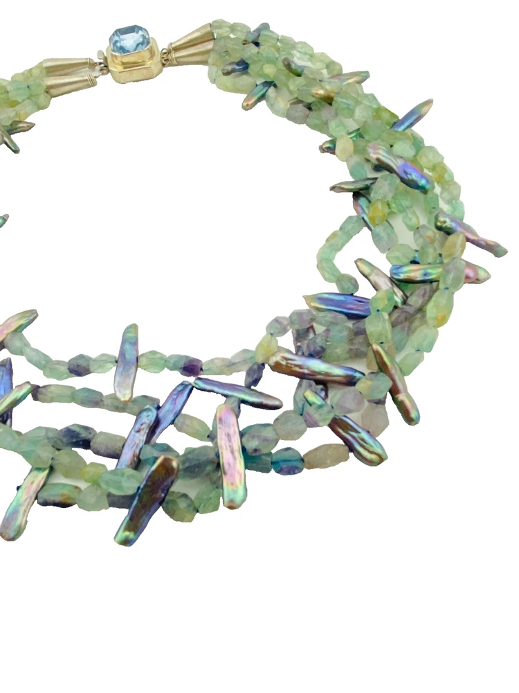 Five-strand necklace of green fluorite and iridescent peacock stick pearls with a square sterling silver clasp