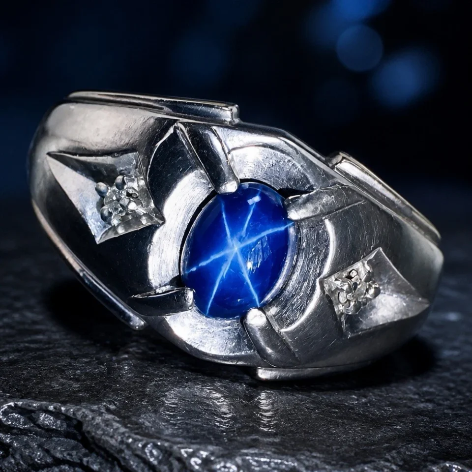 Helzberg 10K White Gold Linde Star Sapphire Diamond Men’s Ring Size 9
