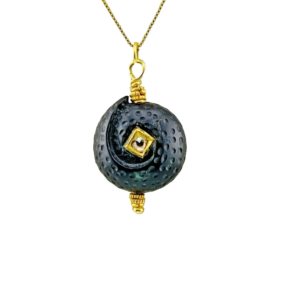 OOAK Vintage Carved Black Bead Diamond 14K Gold Artist Pendant
