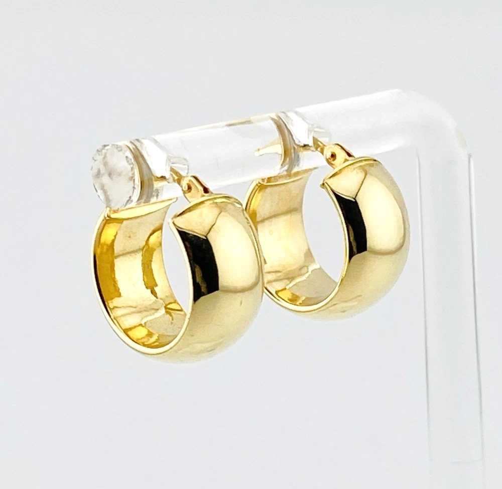 Wide polished 14K yellow gold Italian huggie hoop earrings with hinged posts