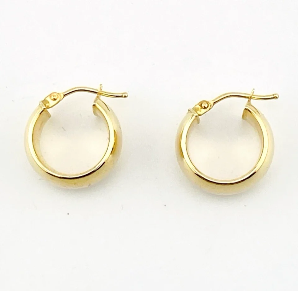 Wide polished 14K yellow gold Italian huggie hoop earrings with hinged posts