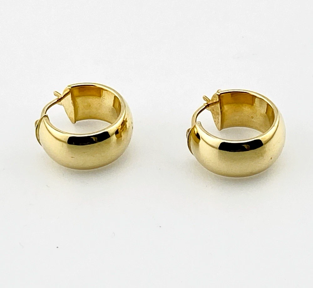 Wide polished 14K yellow gold Italian huggie hoop earrings with hinged posts