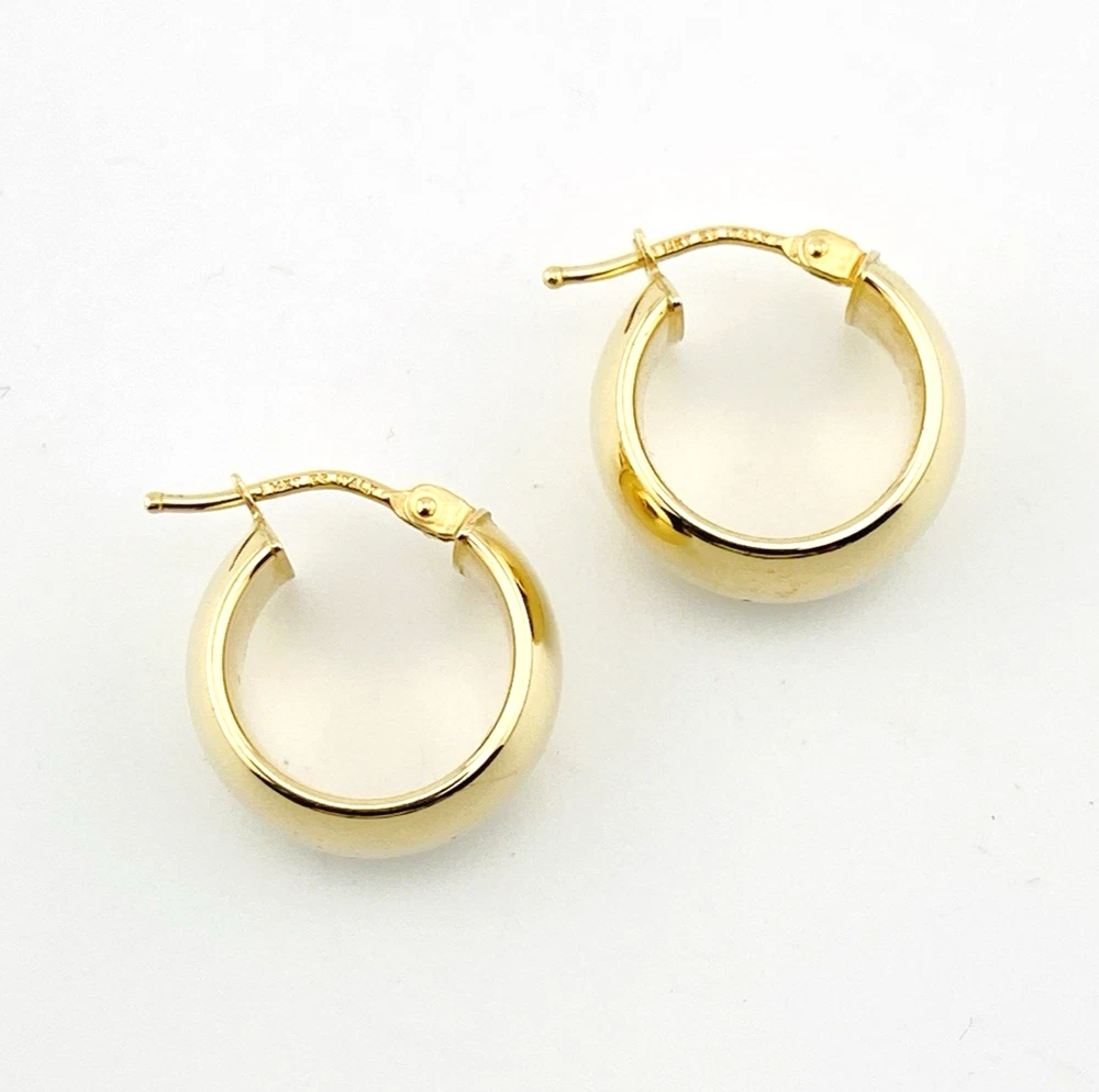 Wide polished 14K yellow gold Italian huggie hoop earrings with hinged posts